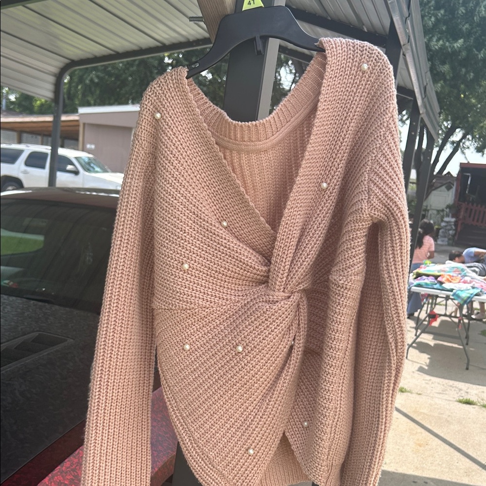 Elegant Pearl-Embellished Pink Sweater
